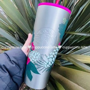 💗LAST FEW🎄Starbucks 2021 Holiday Magenta Pinecone & Holly Silver SS Tumbler